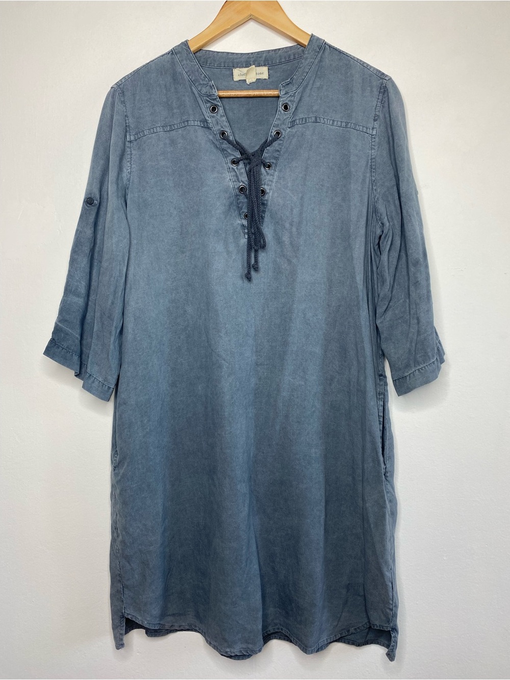 Cloth & Stone Chambray pull over lace up shirt dress Size L minimalist comfy